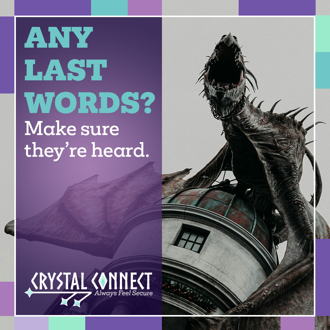 A dragon perched atop a building staring down at the viewer. The text says 'Any last words? Make sure they're heard.''